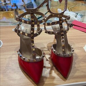 Valentino Red Patent Pointed T-Strap Studded Heels